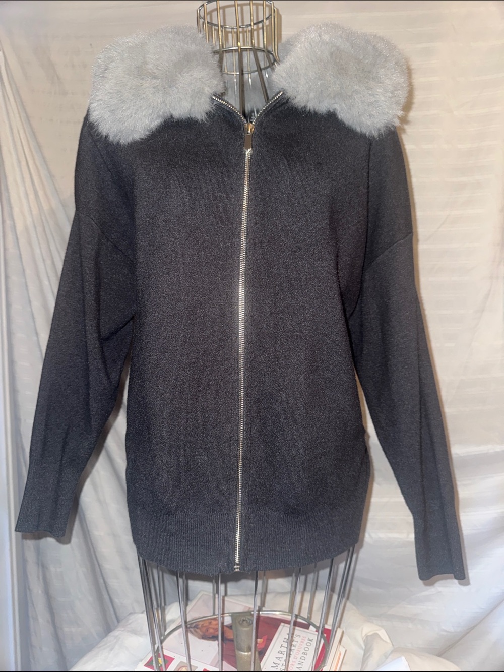 Saks Fifth Avenue Charcoal Grey Zip-Front Jacket with Light Gray Faux Fur Collar